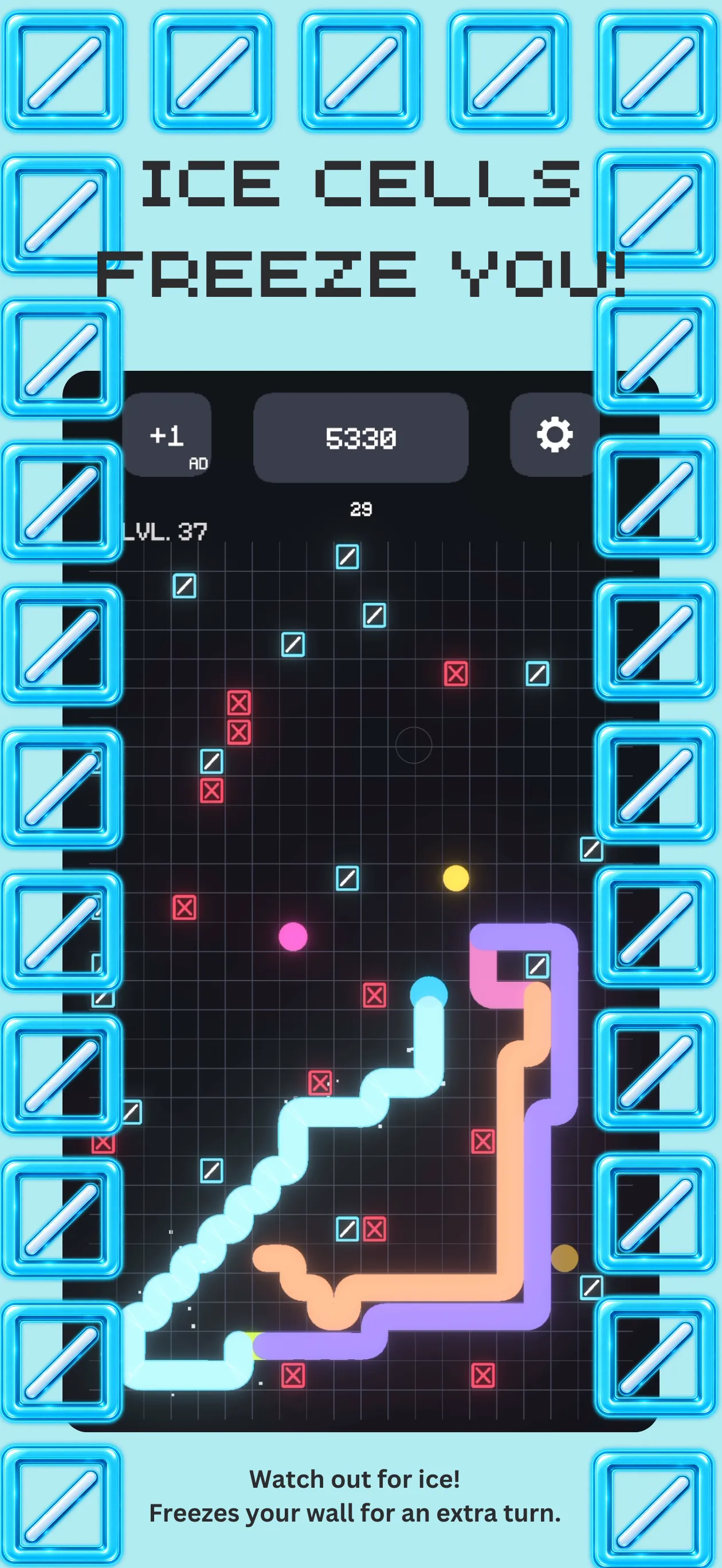 Gameplay board with glowing ice cells